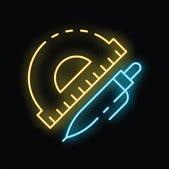 Poster - Neon sign representing a protractor and a technical pen, perfect for conveying concepts of technical drawing and precision