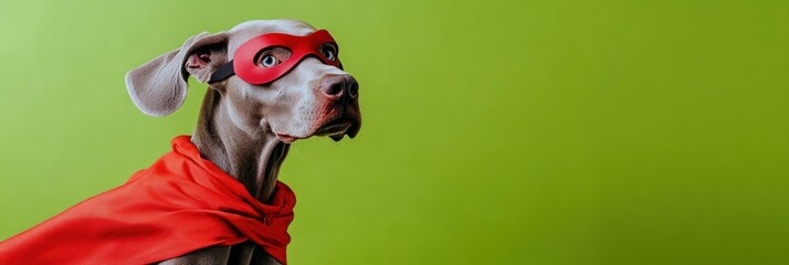 Canvas Print - A dog dressed as a superhero with a red cape and mask against a green background.