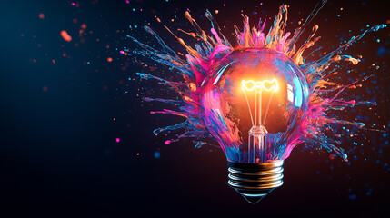 Poster - Colorful ink splashes encircle a glowing light bulb, symbolizing creativity and inspiration in a bold display