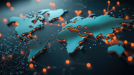 Poster - A world map projected onto a dark surface with intricate glowing lines and pulsing nodes showcasing global data flow and interconnectedness.