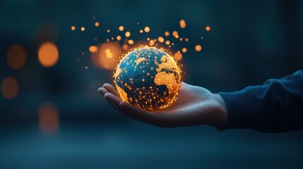 Poster - A hand holding a glowing globe with continents outlined by interconnected data points, representing the power of global communication and technology.