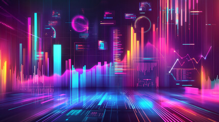 Poster - A digital city skyline with neon lights and glowing lines