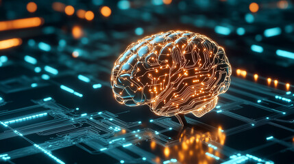 Poster - A vibrant brain of circuits lights up, blending technology and intelligence in a digital world