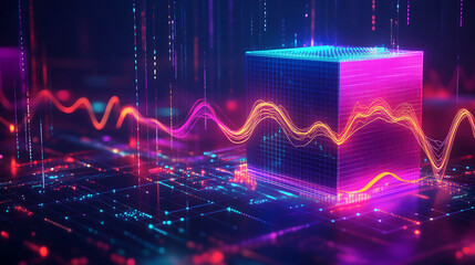 Poster - A glowing cube with lines and waves of light is surrounded by lines and circuits
