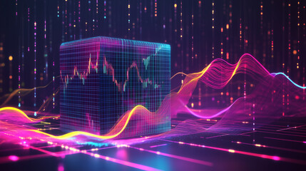 Aufkleber - A digital cube with a stock chart inside sits on a platform of colorful neon lines. The cube is surrounded by glowing, wavy lines that create a futuristic and abstract scene