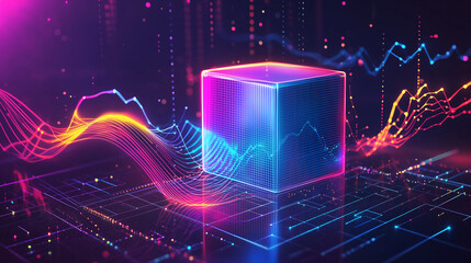 Aufkleber - A glowing cube with pink and blue lights, surrounded by colorful lines against a dark background