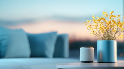 Poster - A modern living room bathed in warm evening light, with smart lights illuminating the space and a voice controlled speaker playing music subtly in the background.