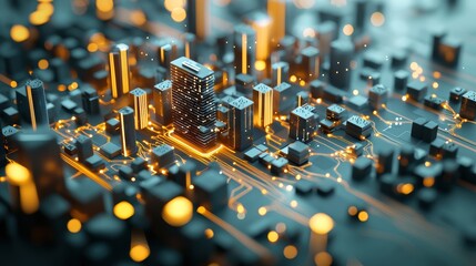 Poster - A data visualization projected onto a cityscape, with interconnected nodes and data streams representing the flow of information and interconnectedness of a smart city.