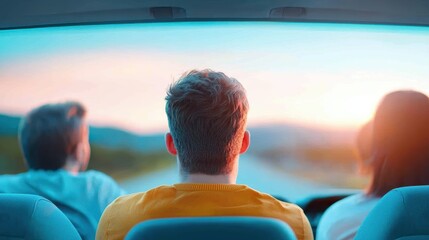 Poster - A group of people sharing a ride in an autonomous taxi, engaging in conversation and enjoying the convenience of hands free transportation.