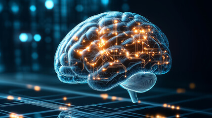Poster - an abstract brain with glowing circuits symbolizes advanced technology and intelligence