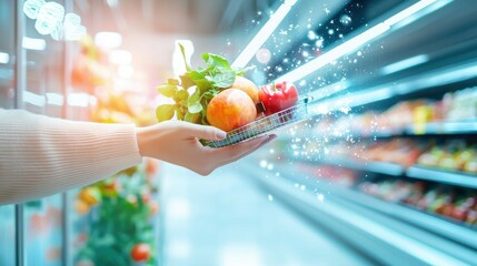 Poster - A customer scanning groceries at a self checkout kiosk, symbolizing convenience and efficiency in modern retail experiences.