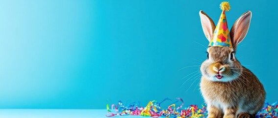 A cheerful rabbit wearing a party hat surrounded by colorful confetti.