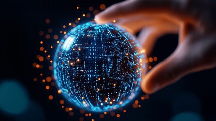 Poster - A robotic hand is reaching out to touch a vibrant digital globe filled with glowing data points and connections