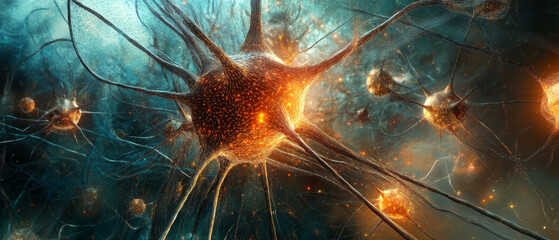 Poster - Neurons glowing in vibrant network, showcasing complexity of neural connections and communication in brain, illustrating beauty of neuroscience