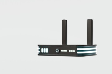 Poster - 3D Realistic Wireless Internet Router with antennas icon. Minimal Cartoon digital wireless modem hotspot on isolated white background Wi-Fi hotspot zone. Wireless Modem for 4G or 5G concept. 3D Render