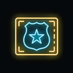 Poster - Glowing neon line police badge icon isolated on black background colorful outline concept vector illustration