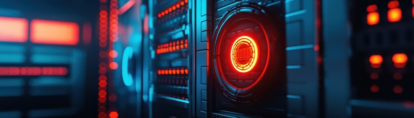 Poster - Close-up of a server rack with glowing lights and cables.