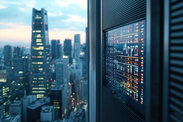 Poster - Futuristic cityscape view with data visualization displayed on an exterior panel of a high-rise building.