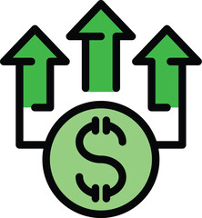 Poster - Simple vector showing a dollar coin increasing its value with three green arrows pointing up