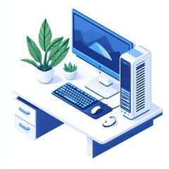 Poster - Modern computer desk setup with plants and a high-definition monitor, ideal for home office or workspace.