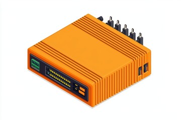 Poster - Orange electronic device with multiple ports and a digital display, set against a white isolated background.