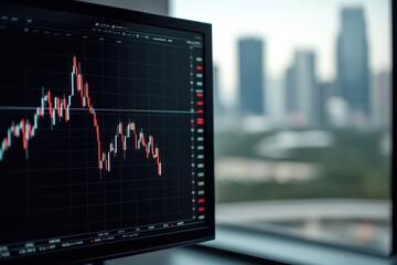 Fototapete - Stock market analysis displayed on a computer screen in a modern office setting with cityscape background.