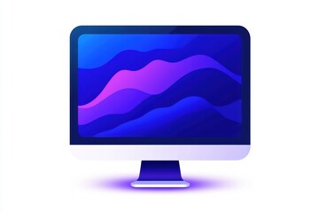 Poster - Stylish computer monitor displaying vibrant abstract waves in blue and purple tones on a white background.