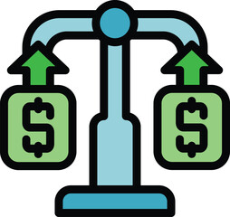 Poster - This vector illustration of a scale weighing two stacks of money with upward arrows symbolizes financial balance and growth potential