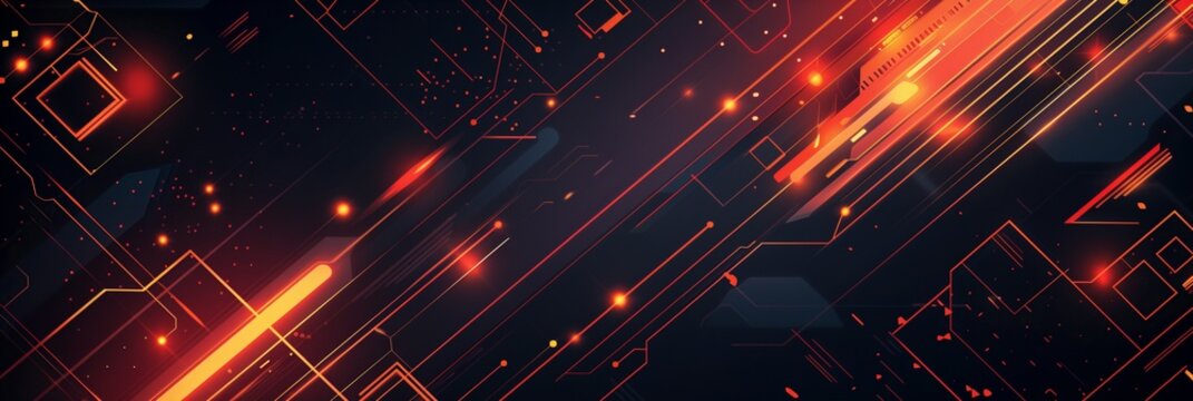 A flat vector background with simple shapes and lines in dark colors, featuring orange and red geometric patterns on the right side of an empty space for text or design elements