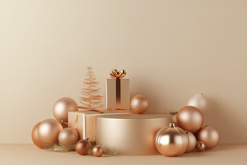 Beige festive background with 3D copper gift boxes and holiday decorations, minimalistic style