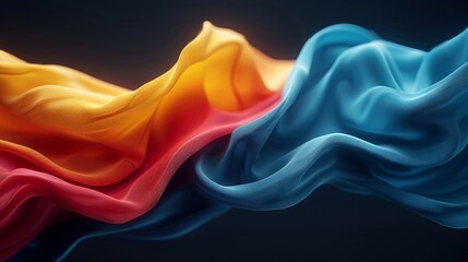 Poster - Colorful drapes of fabric swirl dynamically, showcasing beautiful orange and blue shades that capture the light. The flowing textiles create an artistic composition in a serene setting.