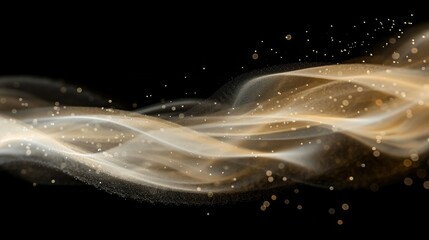 Poster - A mesmerizing swirl of golden smoke elegantly glides across a dark backdrop, with tiny shimmering particles suspended in the air, creating a captivating and ethereal atmosphere.