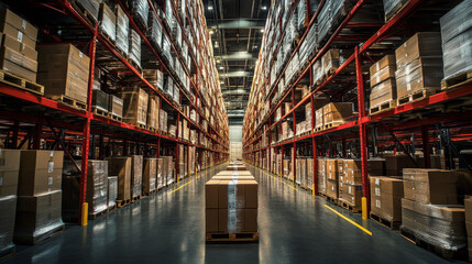 Poster - Efficient warehouse interior with organized pallets and shelves, showcasing modern storage solution. layout emphasizes space and accessibility for optimal operations