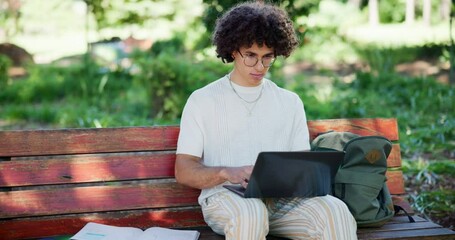 Poster - Laptop, research and education with man on park bench for university results, studying and student. Reading, scholarship and college thesis with person on campus for knowledge, future and notebook