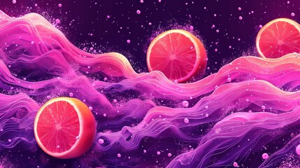 Poster - Bright orange citrus slices are prominently featured against a swirling, colorful background. The vivid purple and pink hues create an abstract night scene filled with floating bubbles.