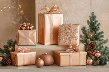 Elegant holiday decor with copper accents, gift boxes, and snowflakes on a warm beige