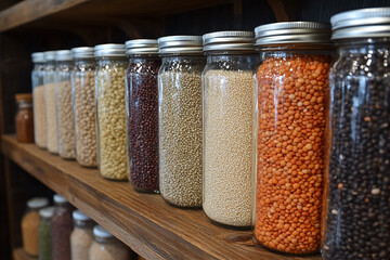 glass jars filled with bulk grains and legumes on a kitchen shelf.