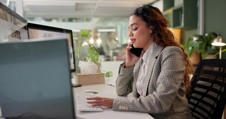 Wall Mural - Computer, phone call and woman in office, internet and communication with sales agent. Employee, entrepreneur and consultant with mobile user, conversation and network with digital app and talking