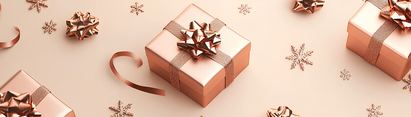 Holiday theme with 3D gift boxes, copper ribbons, and snowflakes on a warm beige background