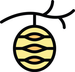 Poster - Round beehive hanging on a tree branch icon in filled line style, suitable for any purpose related to nature, animals, etc