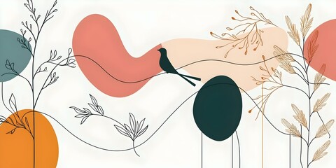  A minimalist illustration featuring a bird perched on a delicate line amidst abstract shapes in soft colors. This serene composition evokes a sense of tranquility and nature.