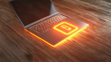 Poster - Futuristic Laptop with Glowing Elements on Wooden Surface