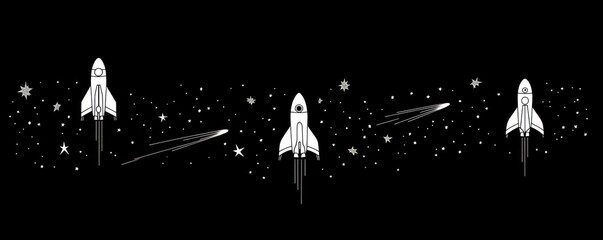 Wall Mural - a minimalist illustration of a rocket in space, surrounded by stars and comets.