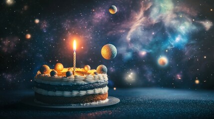 Wall Mural - a cosmic-themed birthday cake with a candle, surrounded by planets and a starry background.