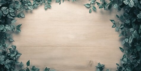 Wall Mural - A wooden surface framed by green leaves, ideal for nature-themed designs or presentations.