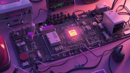 Poster - Futuristic Circuit Board with Neon Lighting
