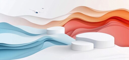 Wall Mural - abstract landscape with flowing shapes and a distant aircraft, emphasizing modern design.