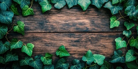 Wall Mural - A border of green ivy leaves surrounding a rustic wooden surface.