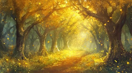 Wall Mural - a serene forest path illuminated by golden sunlight and autumn leaves.