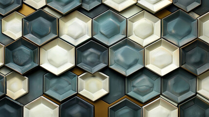 Poster - A vibrant arrangement of hexagonal ceramic tiles creates a striking geometric pattern on the wall. The tiles, featuring varying shades of teal, white, and brown, offer a unique aesthetic charm.